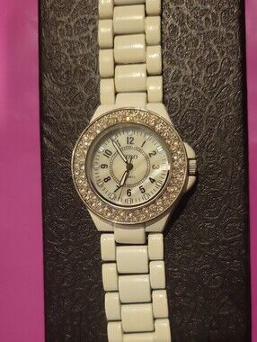 XOXO White Crystal-Accent Ceramic Link Watch